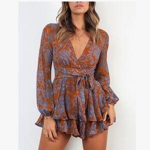 Relipop Womens Floral Print Romper Ruffle Hem Romper